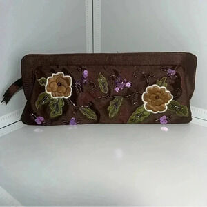 Brown Satin Clutch Purse Appliqued Floral Beaded Evening Zippered Bag